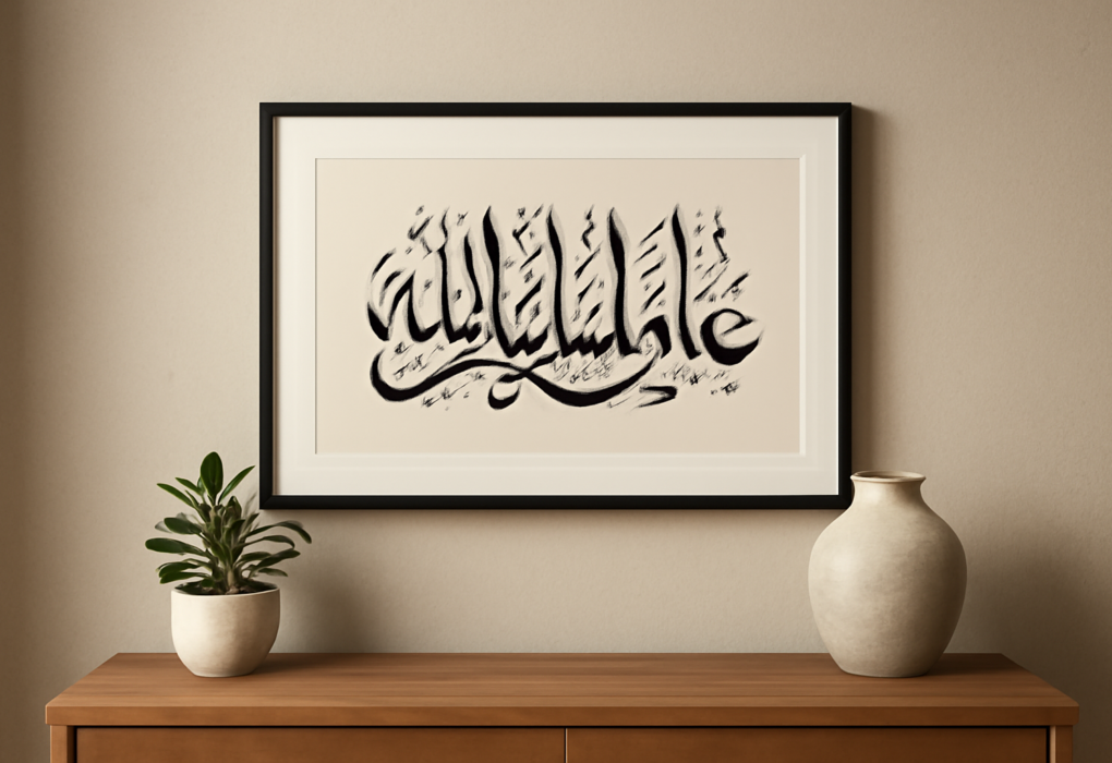 Kaligrafi Arab berbingkai hitam tergantung di dinding ruang tamu di atas meja konsol kayu