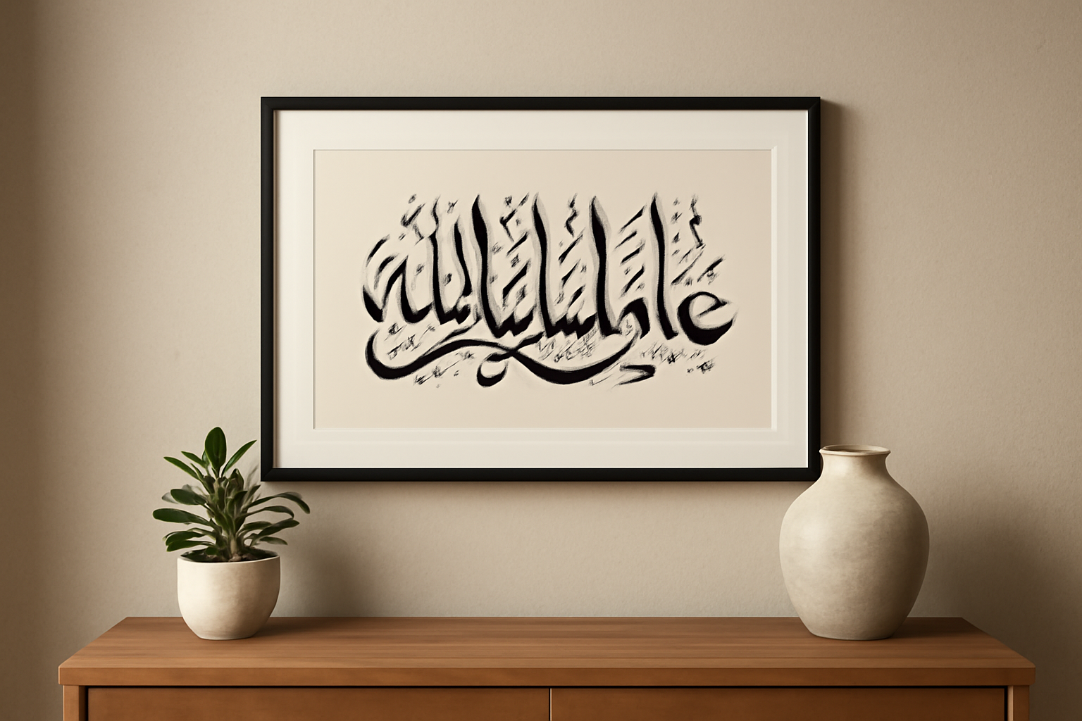 Kaligrafi Arab berbingkai hitam tergantung di dinding ruang tamu di atas meja konsol kayu