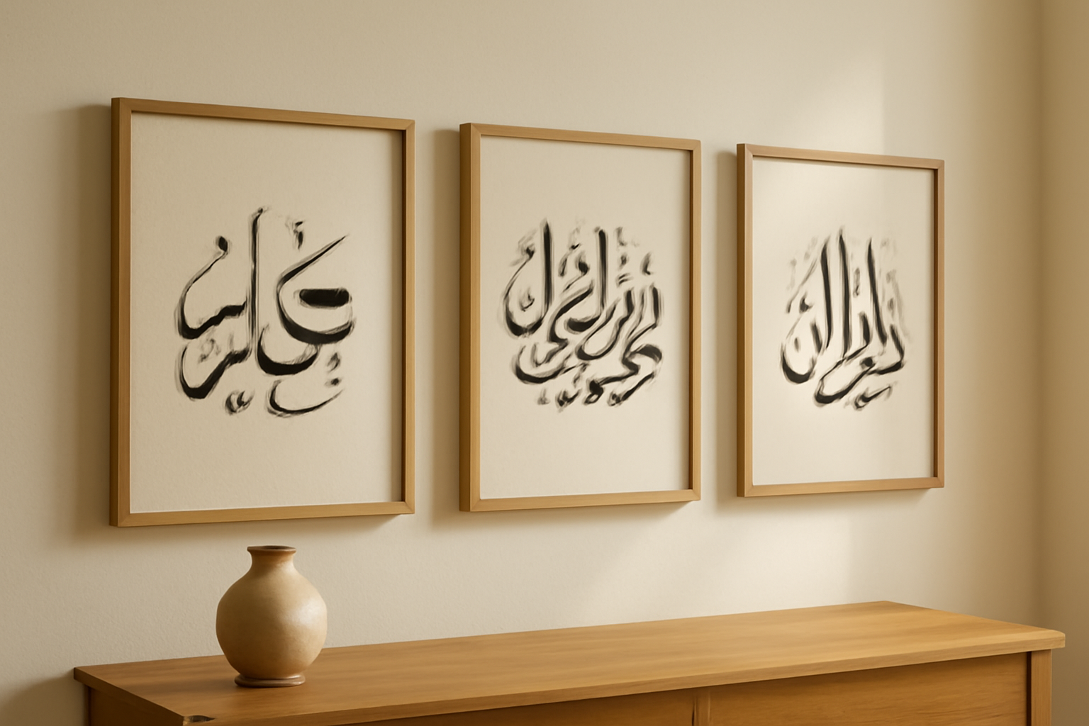 Tiga karya kaligrafi Arab dengan gaya berbeda dipajang di dinding ruang tamu