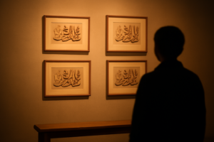Dinding galeri dengan bingkai kaligrafi Arab yang ditata berjarak dan diterangi lampu sorot hangat