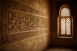 Dinding masjid dengan pahatan kaligrafi Arab yang tersusun mengelilingi lengkungan