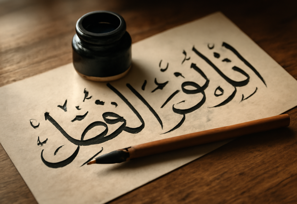 Alat kaligrafi Arab berupa pena buluh, tinta, dan lembar kertas berisi tulisan Arab