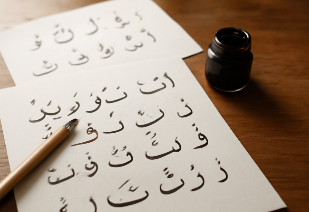 Latihan kaligrafi Arab untuk pemula dengan pena qalam dan tinta di atas meja kayu