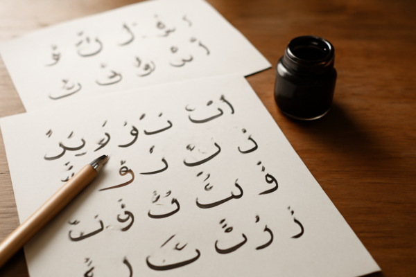 Latihan kaligrafi Arab untuk pemula dengan pena qalam dan tinta di atas meja kayu